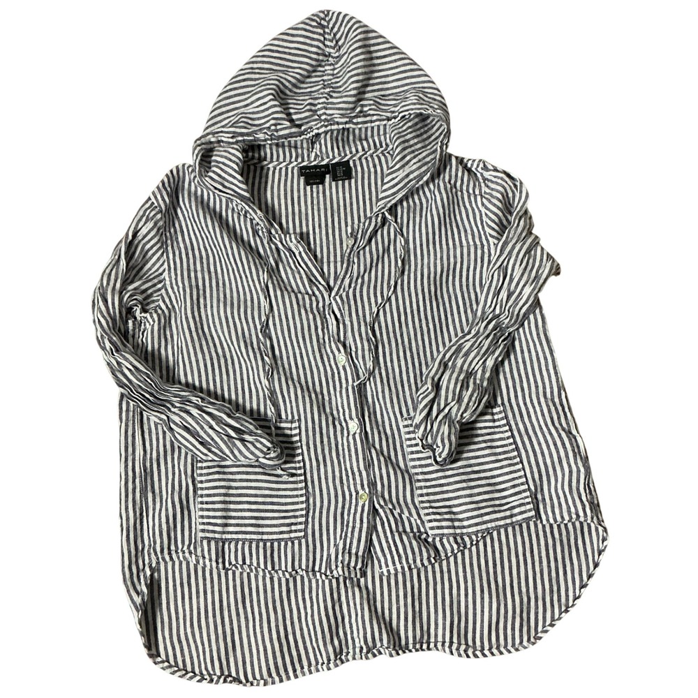 Tahari Linen Striped Button Down Hoodie Women Medium Blue White Coastal Summer